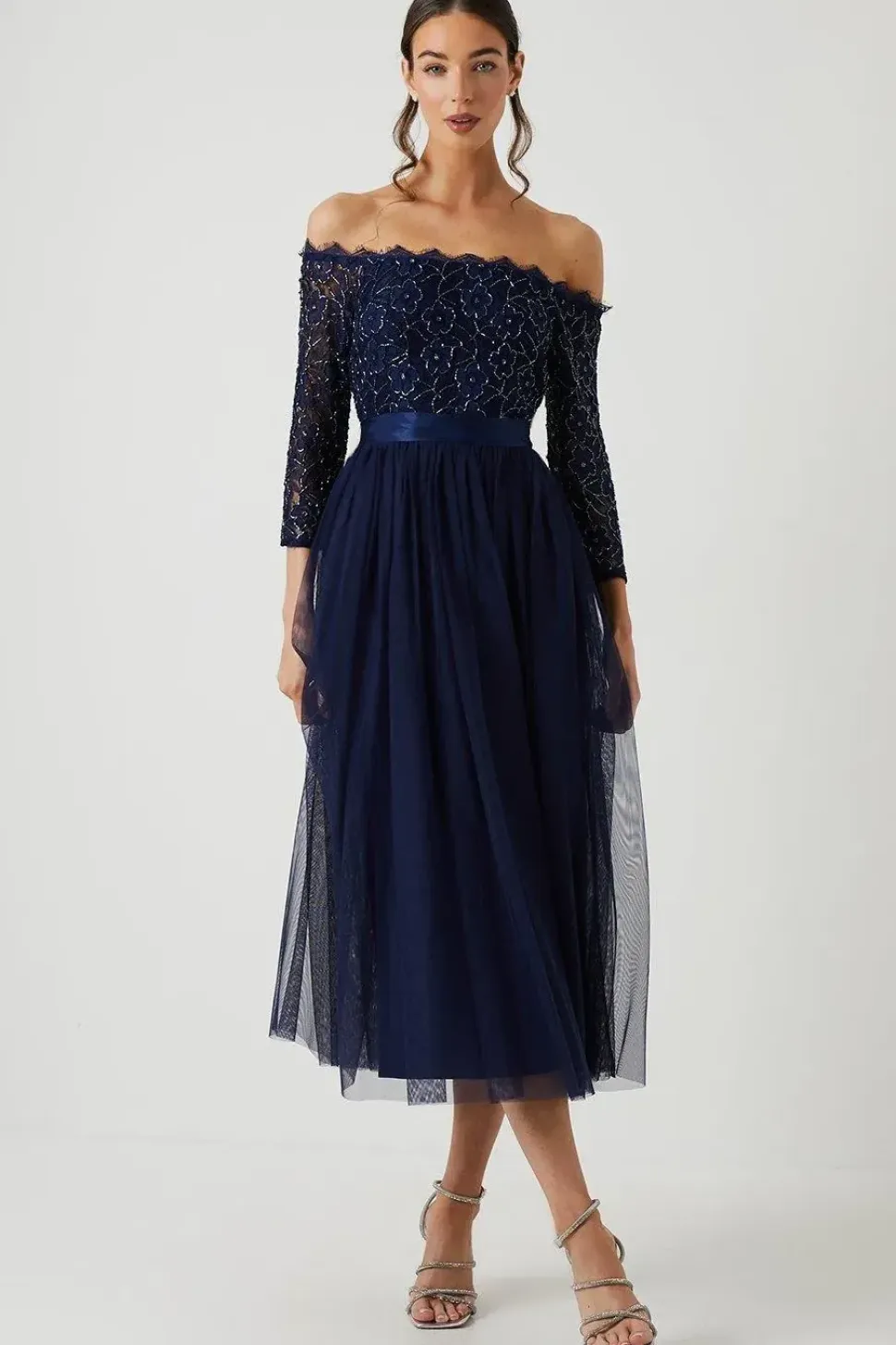 Embellished Lace Bardot Midi Bridesmaid Dress