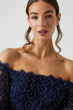 Embellished Lace Bardot Midi Bridesmaid Dress