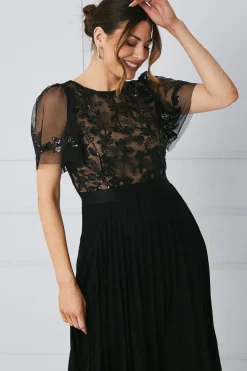 Embellished Lace Bodice Pleated Midi Dress