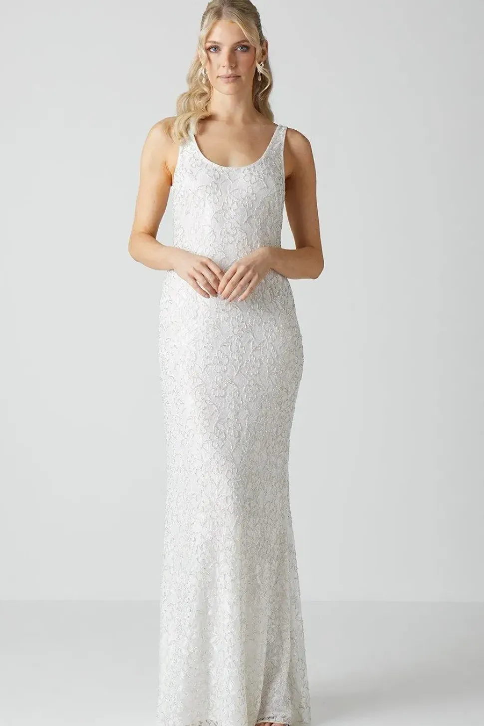 Embellished Lace Column Maxi Wedding Dress