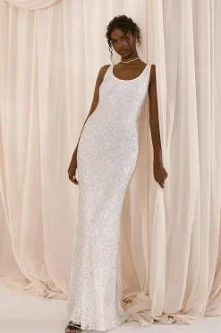 Embellished Lace Column Maxi Wedding Dress