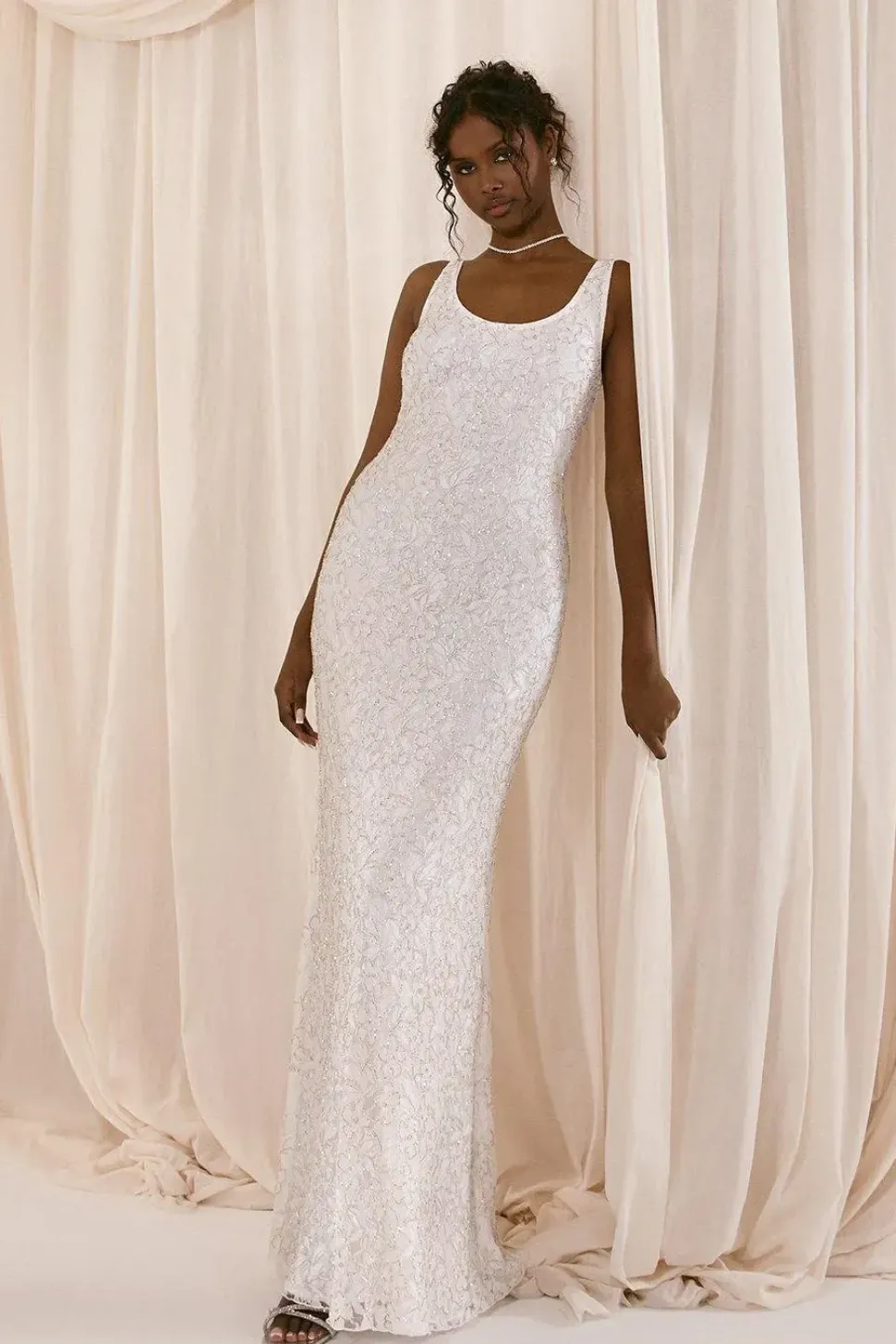 Embellished Lace Column Maxi Wedding Dress