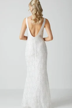 Embellished Lace Column Maxi Wedding Dress