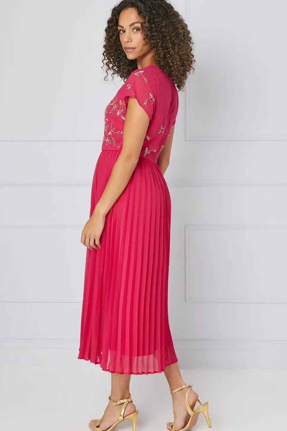 Embellished Lace Pleated Midi Dress