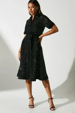 Embellished ¾ Length Sleeve Lace Tie Waist Midi Shirt Dress
