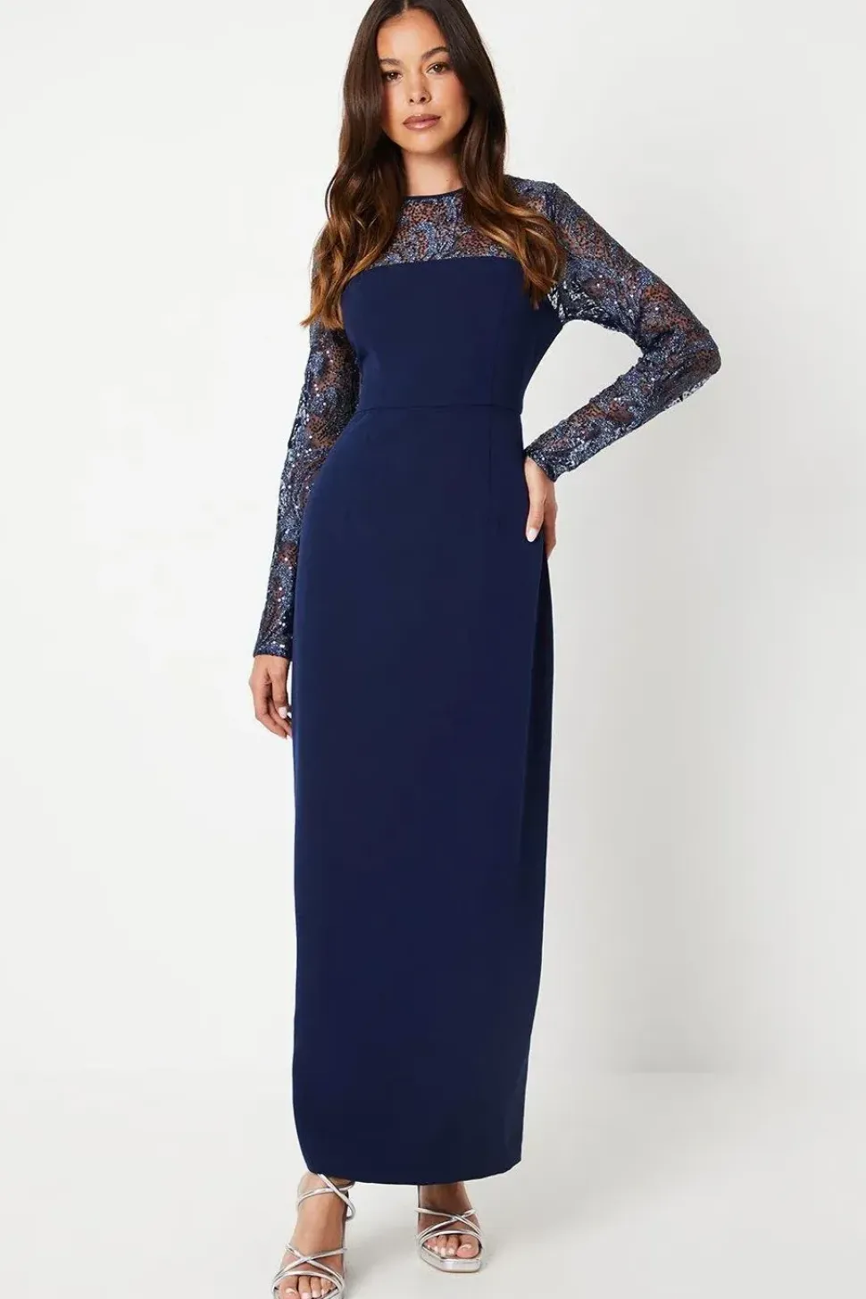 Embellished Long Sleeve Column Maxi Dress