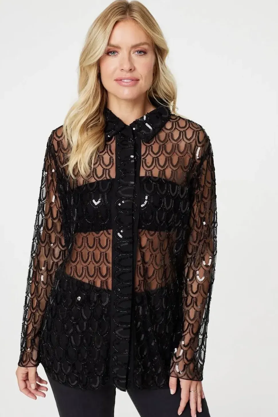 Embellished Long Sleeve Sheer Shirt