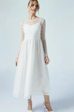 Embellished Mesh Long Sleeve Full Skirted Wedding Dress