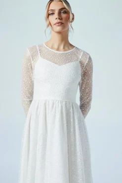 Embellished Mesh Long Sleeve Full Skirted Wedding Dress