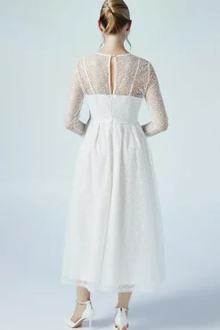 Embellished Mesh Long Sleeve Full Skirted Wedding Dress