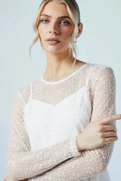 Embellished Mesh Long Sleeve Full Skirted Wedding Dress
