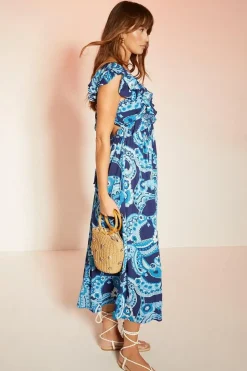 Embellished Paisley Floral Ruffle Midi Dress