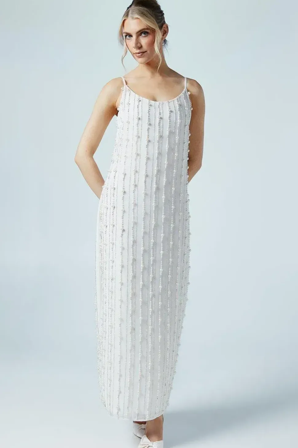 Embellished Pearl And Beads Column Bridal Maxi Dress