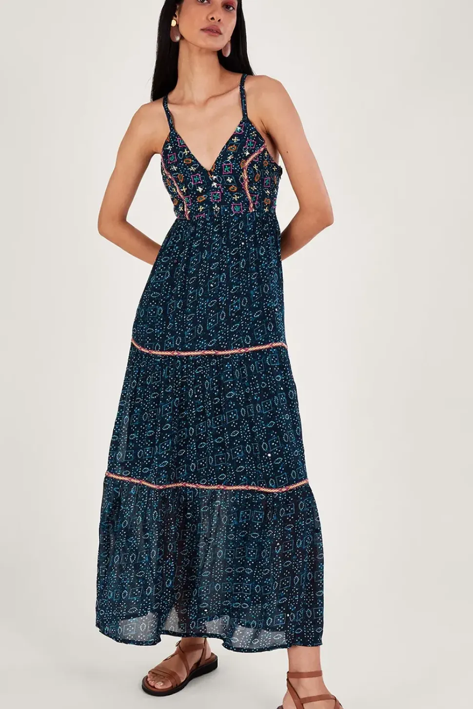 Embellished Print Maxi Cami Dress in Sustainable Viscose
