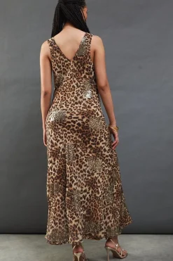 Embellished Sequin Leopard Chiffon Cowl Neck Bias Cut Midaxi Dress