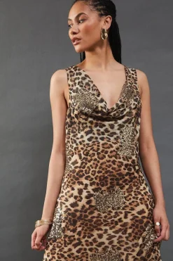Embellished Sequin Leopard Chiffon Cowl Neck Bias Cut Midaxi Dress