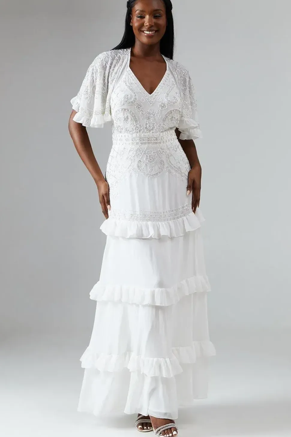 Embellished Tiered Wedding Dress With Cape Sleeve