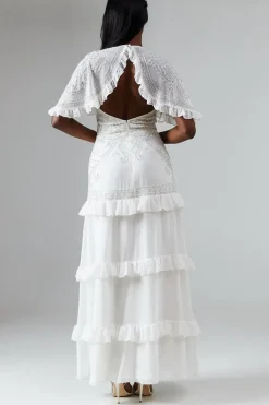 Embellished Tiered Wedding Dress With Cape Sleeve