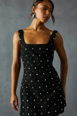 Embellished Tweed Square Neck A-line Mini Dress