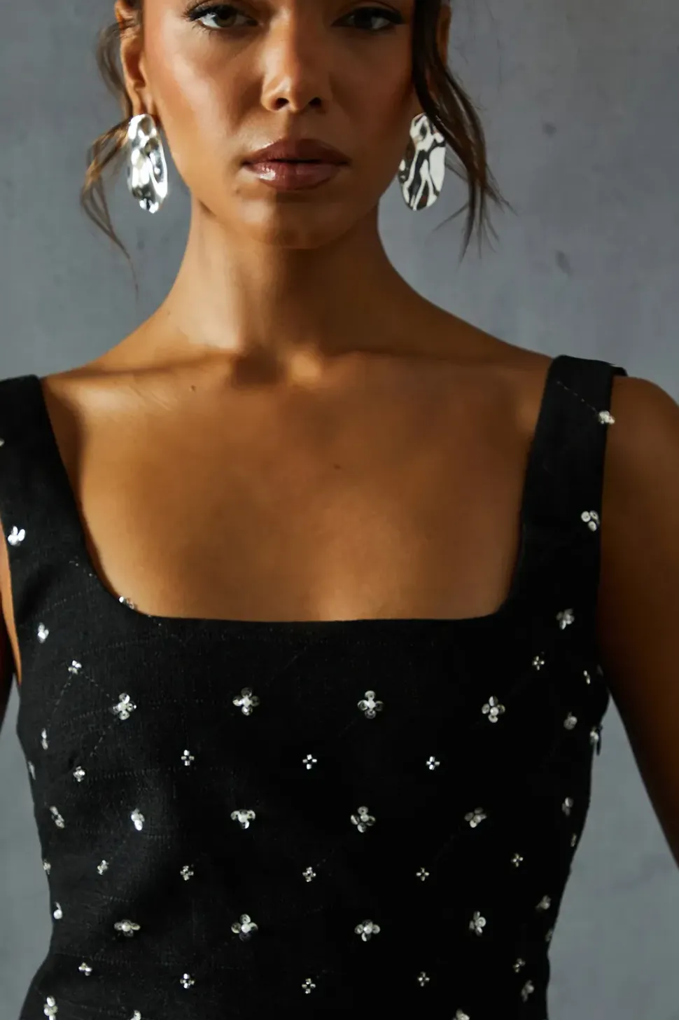Embellished Tweed Square Neck A-line Mini Dress