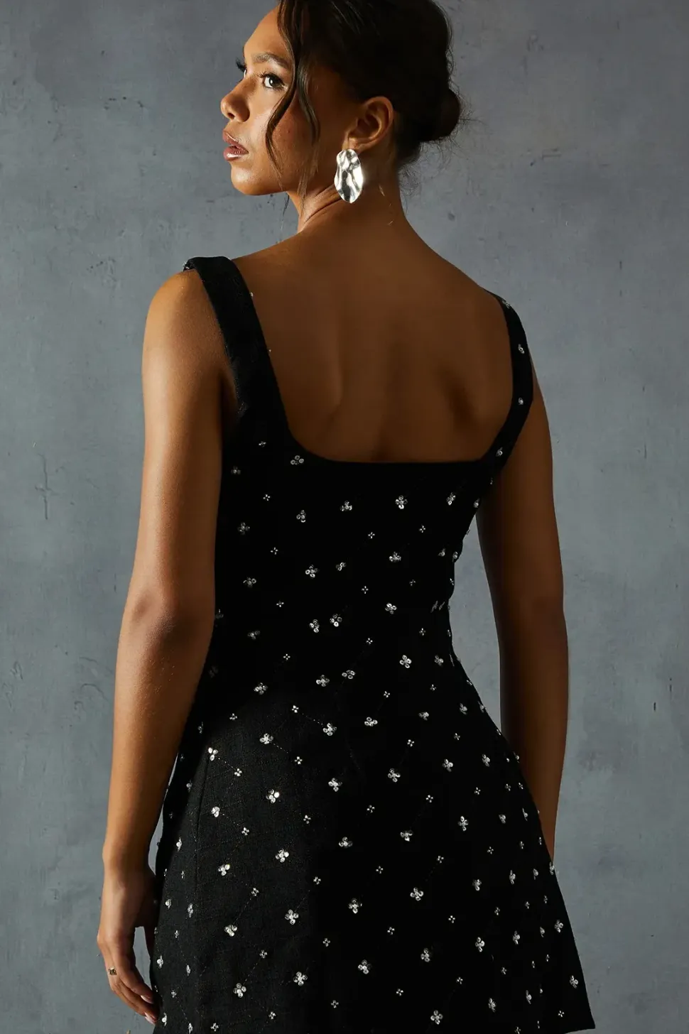 Embellished Tweed Square Neck A-line Mini Dress