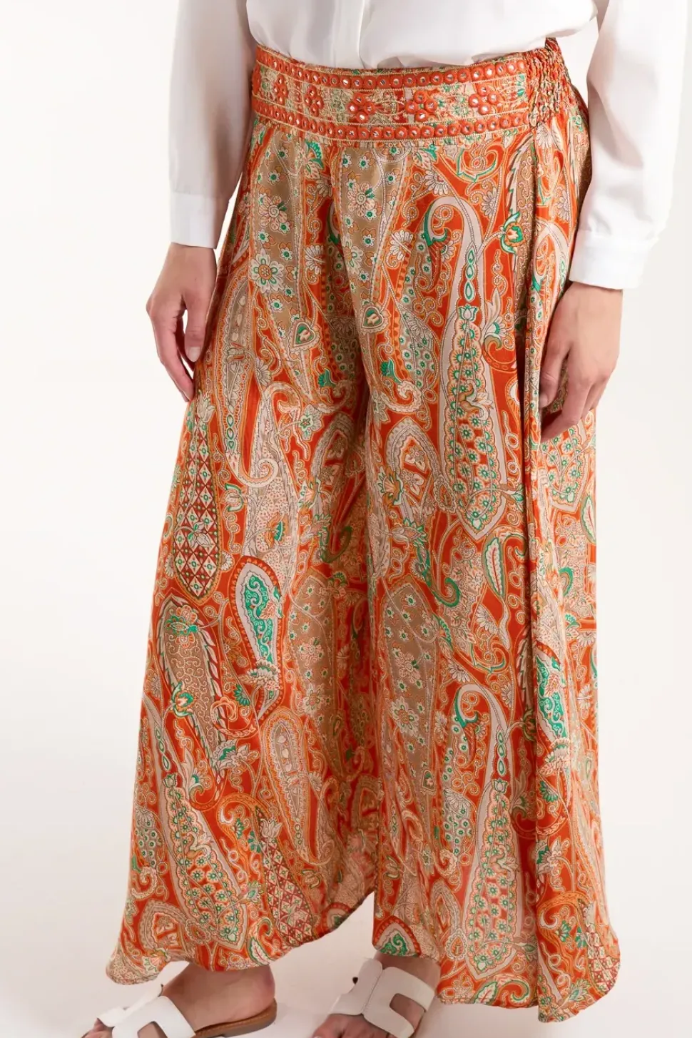 Embellished Waist Wide Leg Trousers