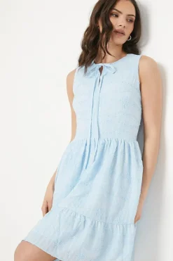 Embroidered Cotton Tie Neckline Tiered Mini Dress