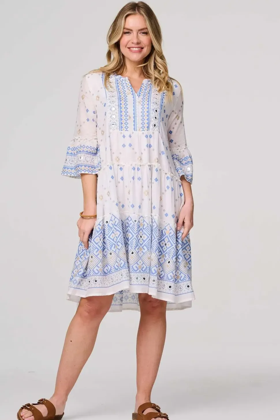 Embroidered 3/4 Flared Sleeve Short Smock Dress