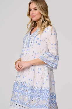 Embroidered 3/4 Flared Sleeve Short Smock Dress