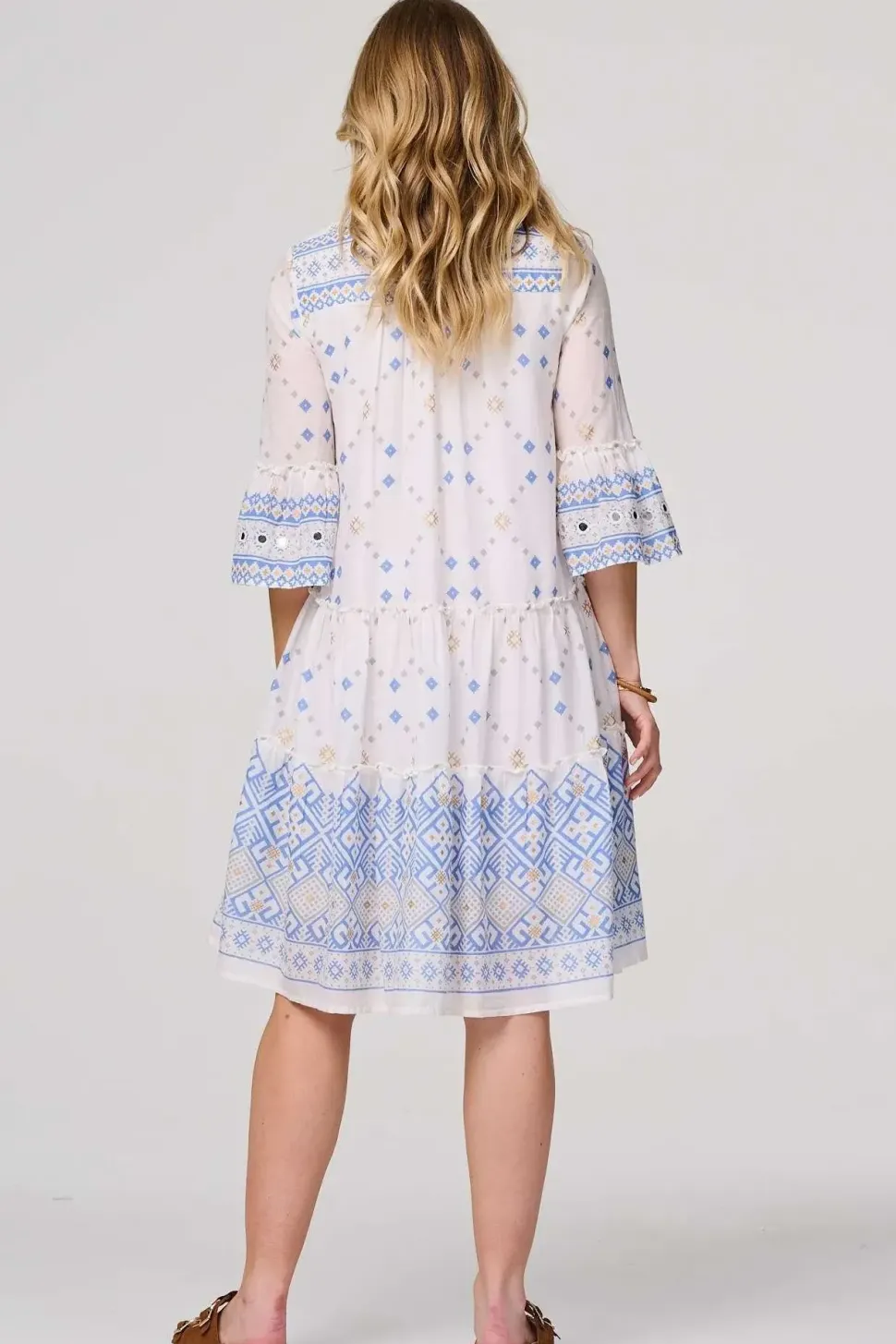 Embroidered 3/4 Flared Sleeve Short Smock Dress