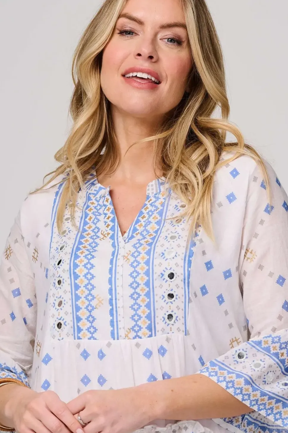 Embroidered 3/4 Flared Sleeve Short Smock Dress
