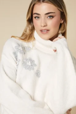 Embroidered Flower Detail Roll Neck Jumper