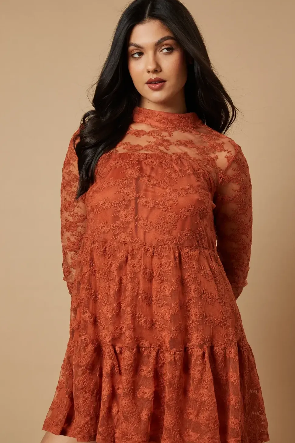 Embroidered Mesh High Neck Tier Smock Mini Dress