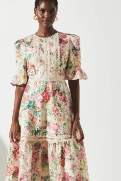 Embroidered Printed Tiered Dress