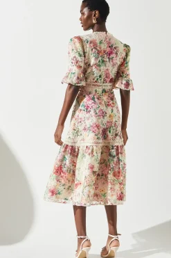 Embroidered Printed Tiered Dress