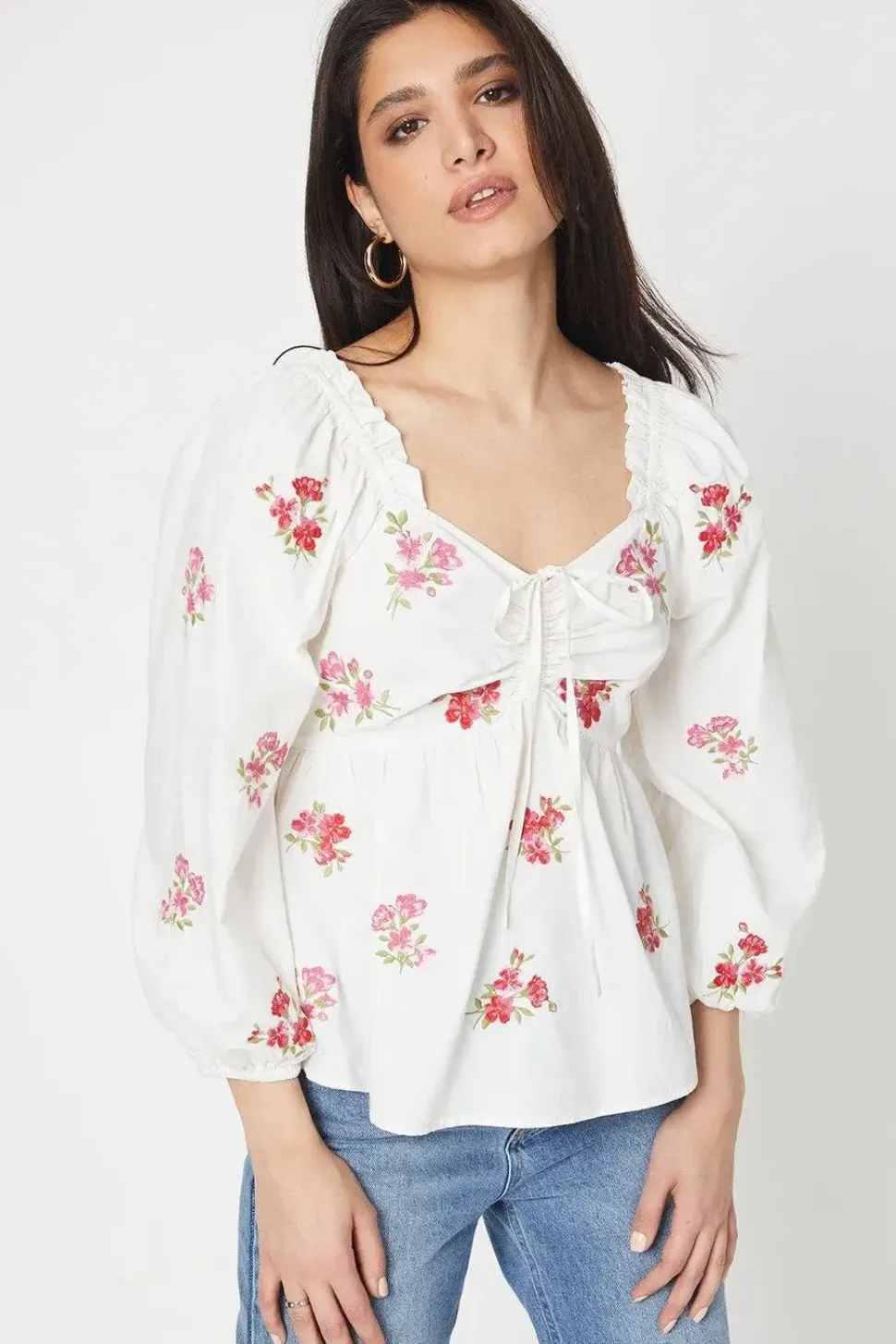 Embroidered Ruched Front Blouse