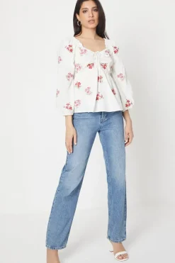 Embroidered Ruched Front Blouse