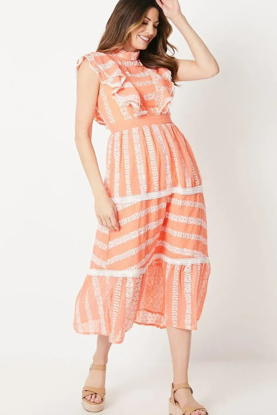 Embroidered Ruffle Detail Tiered Midi Dress
