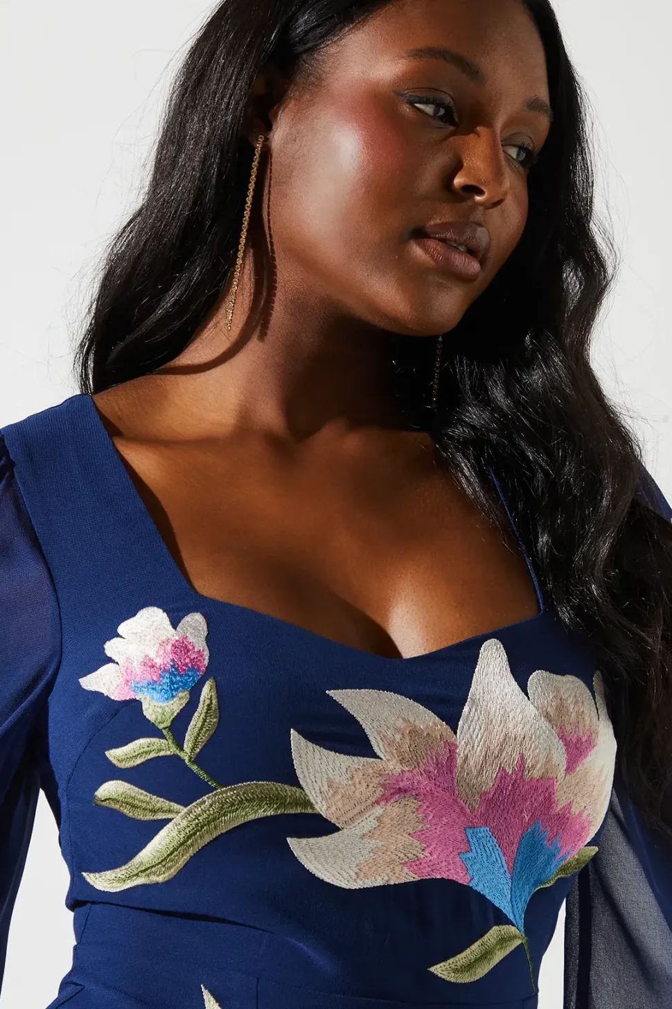 Embroidered Ruffle Long Sleeve Dress