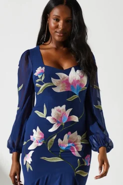 Embroidered Ruffle Long Sleeve Dress