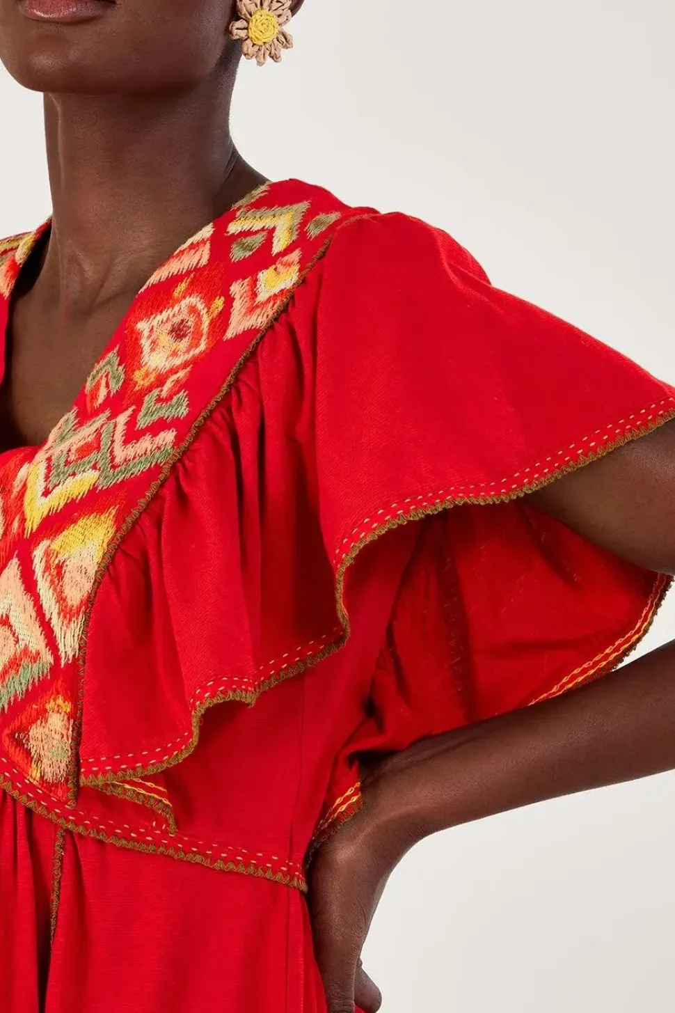 Embroidered Ruffle Sleeve Jersey Dress