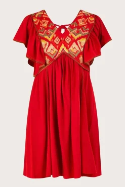 Embroidered Ruffle Sleeve Jersey Dress