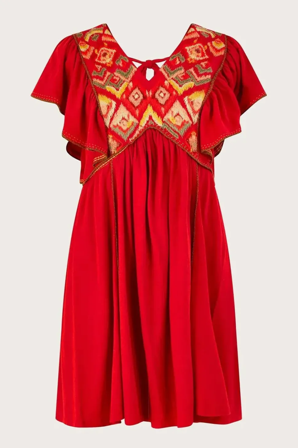 Embroidered Ruffle Sleeve Jersey Dress