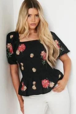 Embroidered Shirred Bodice Blouse