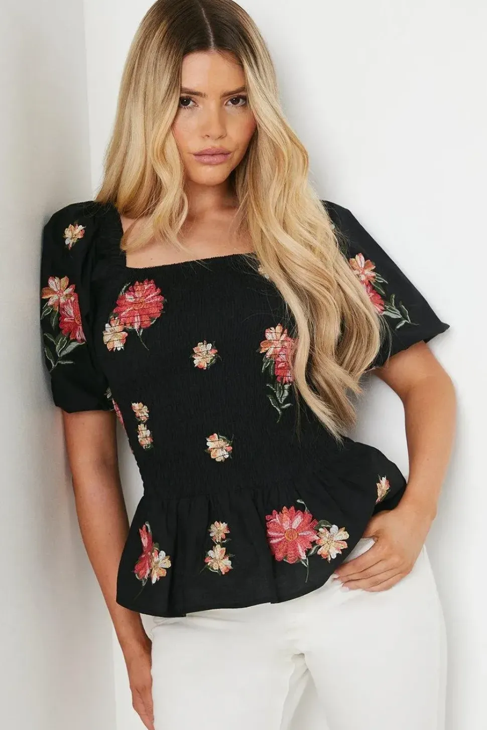 Embroidered Shirred Bodice Blouse