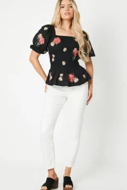 Embroidered Shirred Bodice Blouse