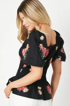 Embroidered Shirred Bodice Blouse