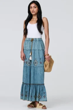 Embroidered Tiered Tassel Waist Maxi Skirt