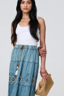 Embroidered Tiered Tassel Waist Maxi Skirt