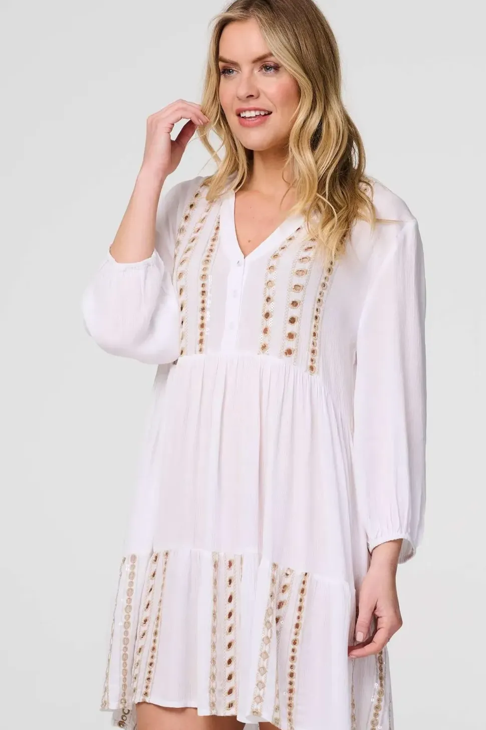 Embroidered V-Neck Tiered Smock Dress